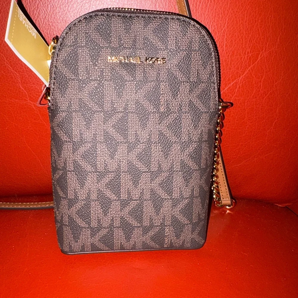 Michael Kors “Jet Set” Brown Logo Crossbody with Gold Hardware